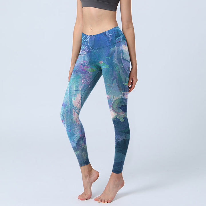 Leggings de gimnasio con Buddha Stones, flores de loto, hojas y pájaros, pantalones de yoga para mujer - Azul real - US18，UK/AU22，EU50 (4XL) - image 1