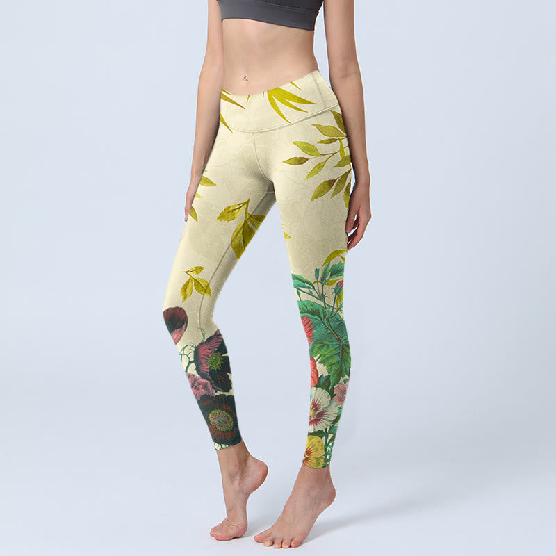 Leggings de yoga para mujer con Buddha Stones verdes doradas y flores de colores - Caqui - US18，UK/AU22，EU50 (4XL) - image 1