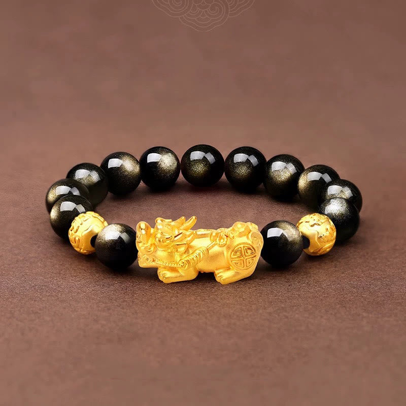 Pulsera de riqueza Om Mani Padme Hum con obsidiana y brillo dorado natural con Buddha Stones