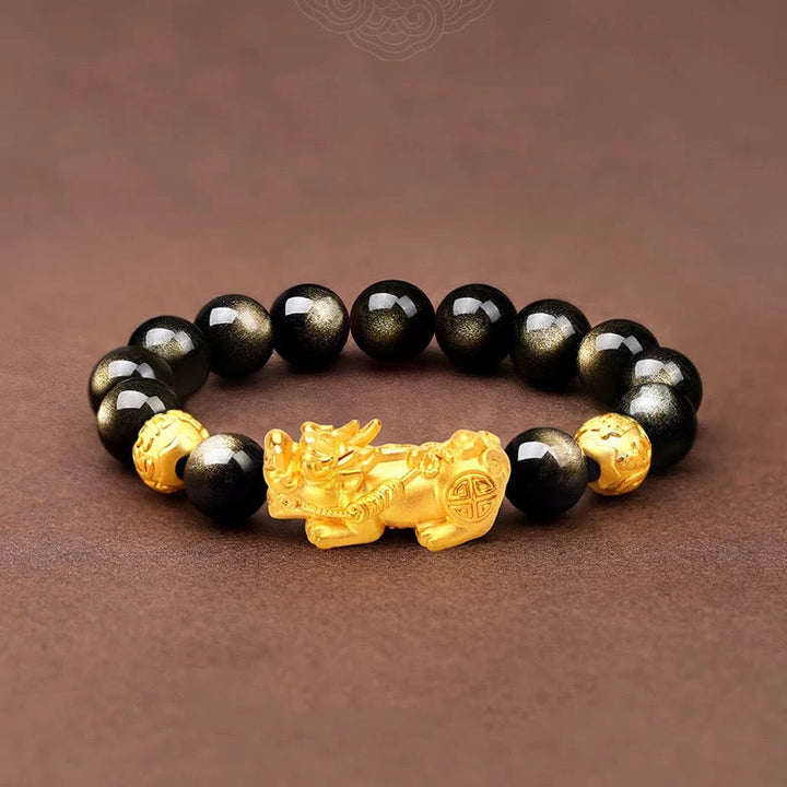 Pulsera de riqueza Om Mani Padme Hum con obsidiana y brillo dorado natural con Buddha Stones