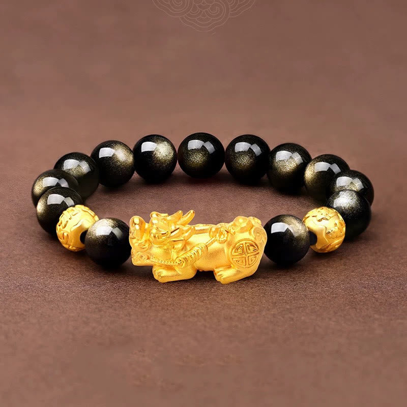 Pulsera de riqueza Om Mani Padme Hum con obsidiana y brillo dorado natural con Buddha Stones