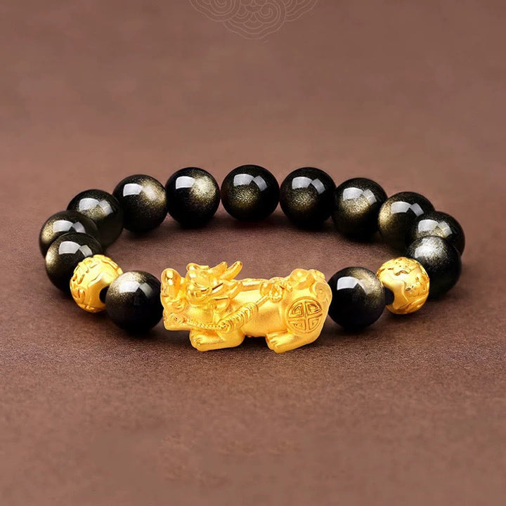 Pulsera de riqueza Om Mani Padme Hum con obsidiana y brillo dorado natural con Buddha Stones