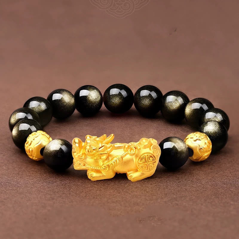 Pulsera de riqueza Om Mani Padme Hum con obsidiana y brillo dorado natural con Buddha Stones