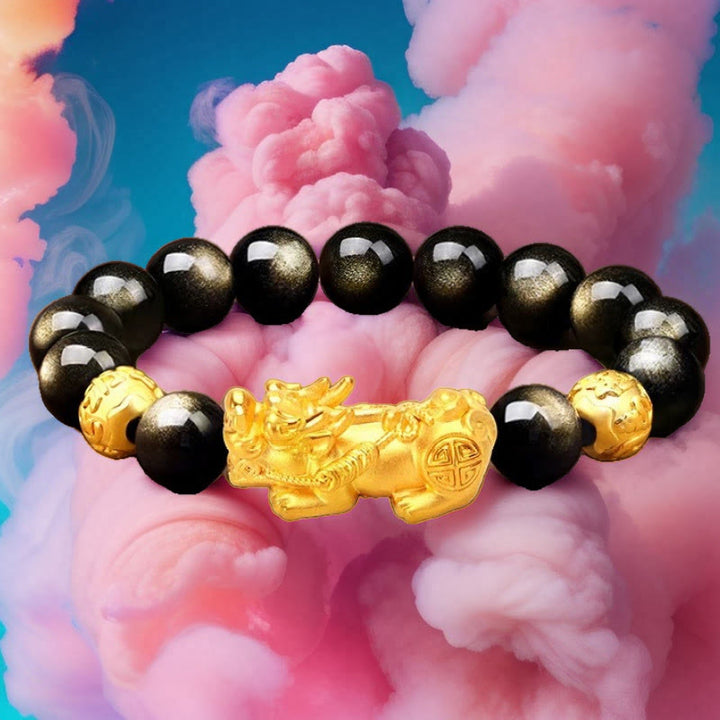 Pulsera de riqueza Om Mani Padme Hum con obsidiana y brillo dorado natural con Buddha Stones