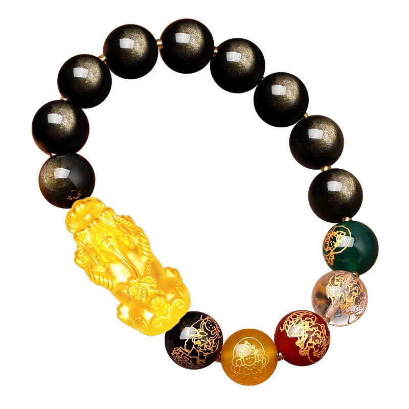 Pulsera de protección de los dioses de la riqueza de las cinco direcciones con obsidiana PiXiu y brillo dorado natural de Buddha Stones