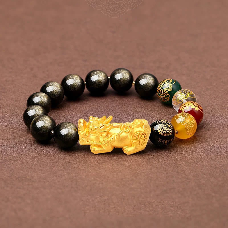 Pulsera de protección de los dioses de la riqueza de las cinco direcciones con obsidiana PiXiu y brillo dorado natural de Buddha Stones