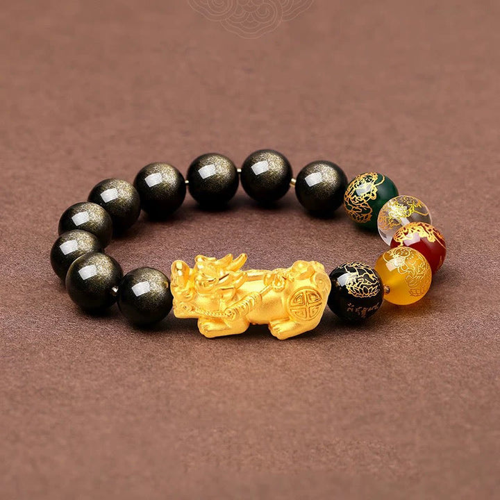 Pulsera de protección de los dioses de la riqueza de las cinco direcciones con obsidiana PiXiu y brillo dorado natural de Buddha Stones