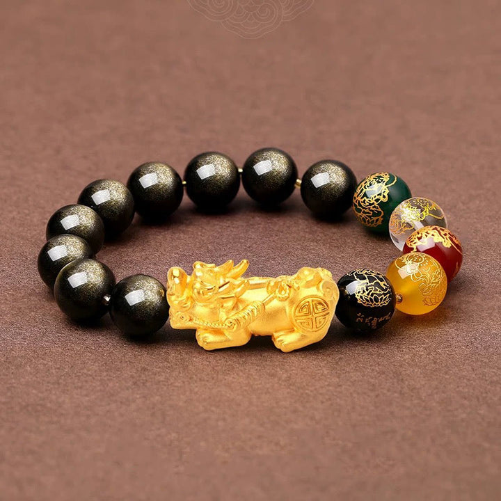 Pulsera de protección de los dioses de la riqueza de las cinco direcciones con obsidiana PiXiu y brillo dorado natural de Buddha Stones