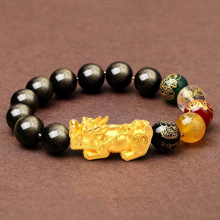 Pulsera de protección de los dioses de la riqueza de las cinco direcciones con obsidiana PiXiu y brillo dorado natural de Buddha Stones