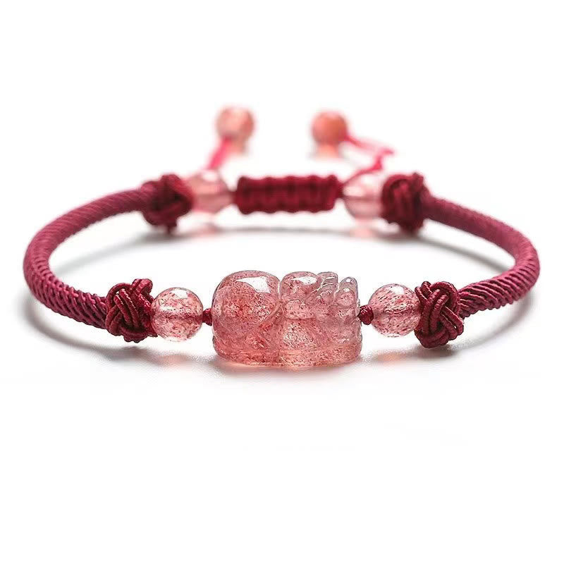 Pulsera trenzada de protección con hilo rojo PiXiu de cuarzo fresa natural y Buddha Stones