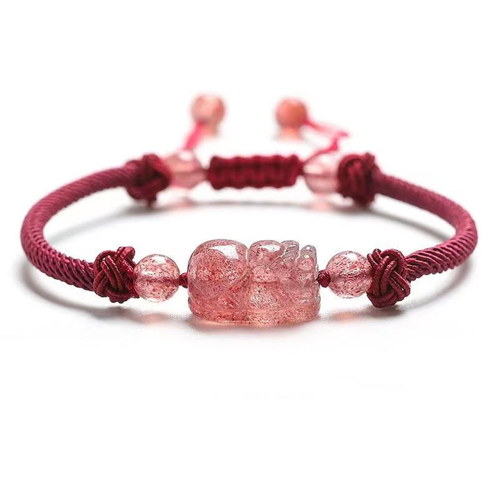 Pulsera trenzada de protección con hilo rojo PiXiu de cuarzo fresa natural y Buddha Stones