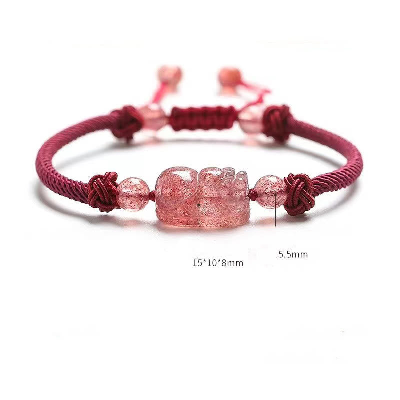 Pulsera trenzada de protección con hilo rojo PiXiu de cuarzo fresa natural y Buddha Stones