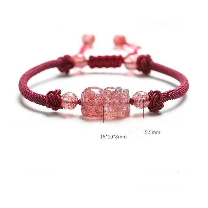 Pulsera trenzada de protección con hilo rojo PiXiu de cuarzo fresa natural y Buddha Stones