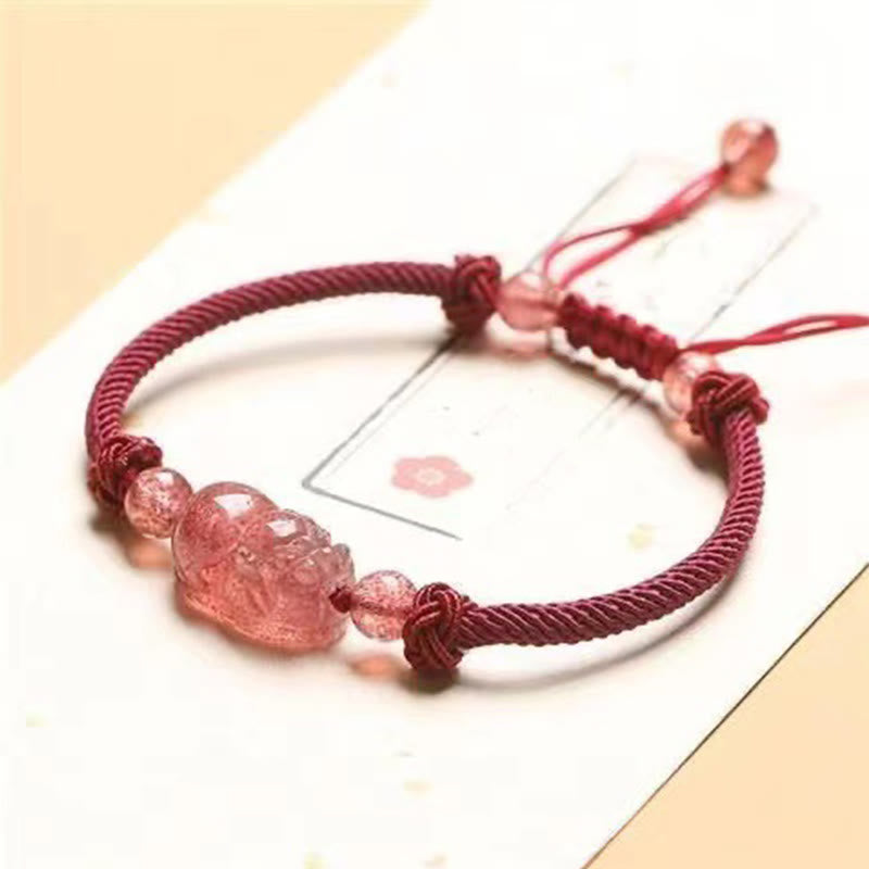 Pulsera trenzada de protección con hilo rojo PiXiu de cuarzo fresa natural y Buddha Stones