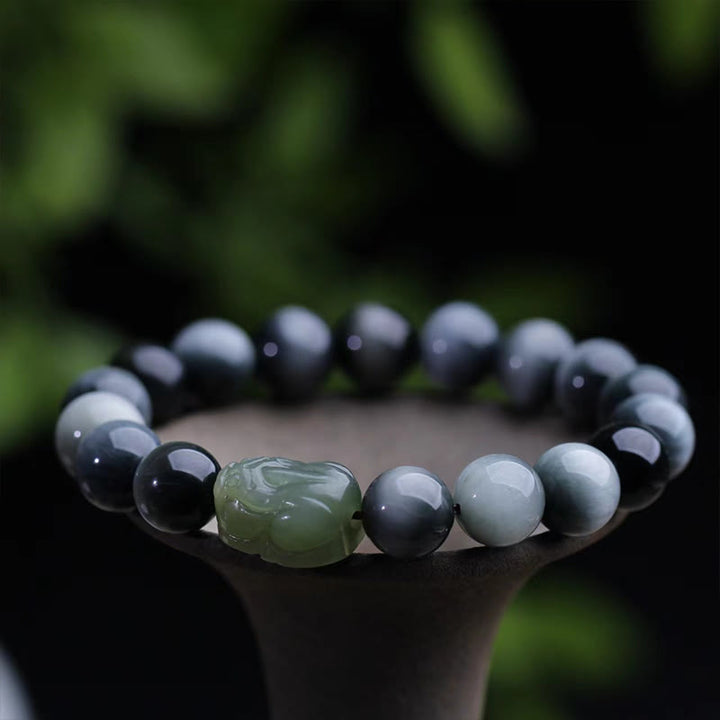 Pulsera de confianza Pixiu de jade hetiano con piedra de ojo de águila natural de Buddha Stones