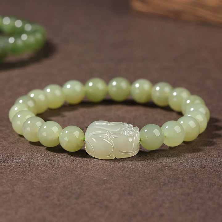 Buddha Stones Pulsera de la suerte tallada en jade PiXiu de Hetian natural