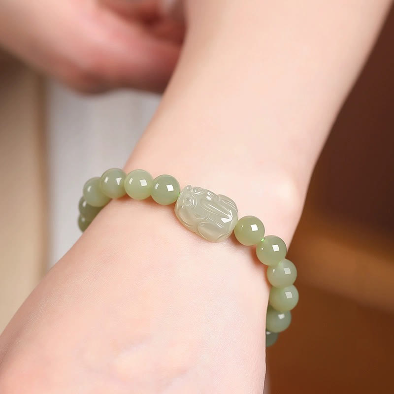 Buddha Stones Pulsera de la suerte tallada en jade PiXiu de Hetian natural