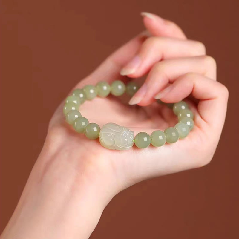 Buddha Stones Pulsera de la suerte tallada en jade PiXiu de Hetian natural