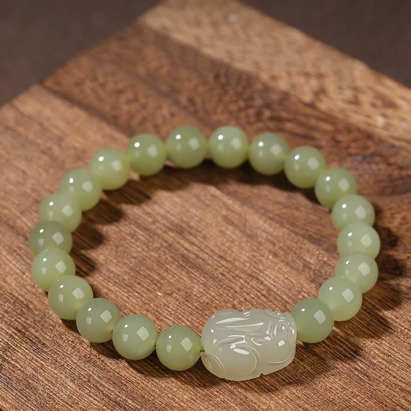 Buddha Stones Pulsera de la suerte tallada en jade PiXiu de Hetian natural