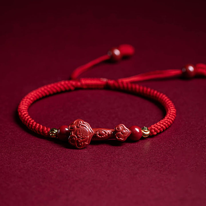 Pulsera trenzada de hilo rojo con bendición de PiXiu y mango de ruyi de cinabrio hecha a mano con Buddha Stones