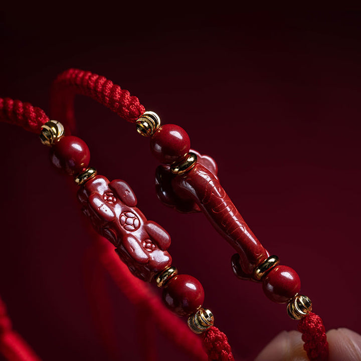 Pulsera trenzada de hilo rojo con bendición de PiXiu y mango de ruyi de cinabrio hecha a mano con Buddha Stones