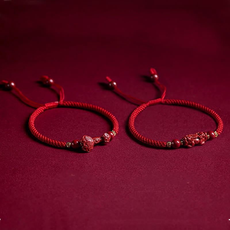 Pulsera trenzada de hilo rojo con bendición de PiXiu y mango de ruyi de cinabrio hecha a mano con Buddha Stones