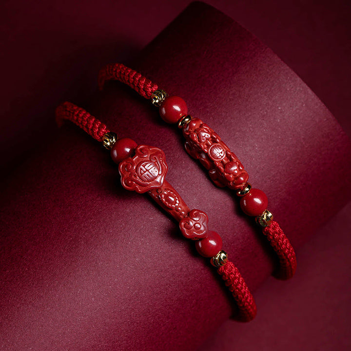 Pulsera trenzada de hilo rojo con bendición de PiXiu y mango de ruyi de cinabrio hecha a mano con Buddha Stones
