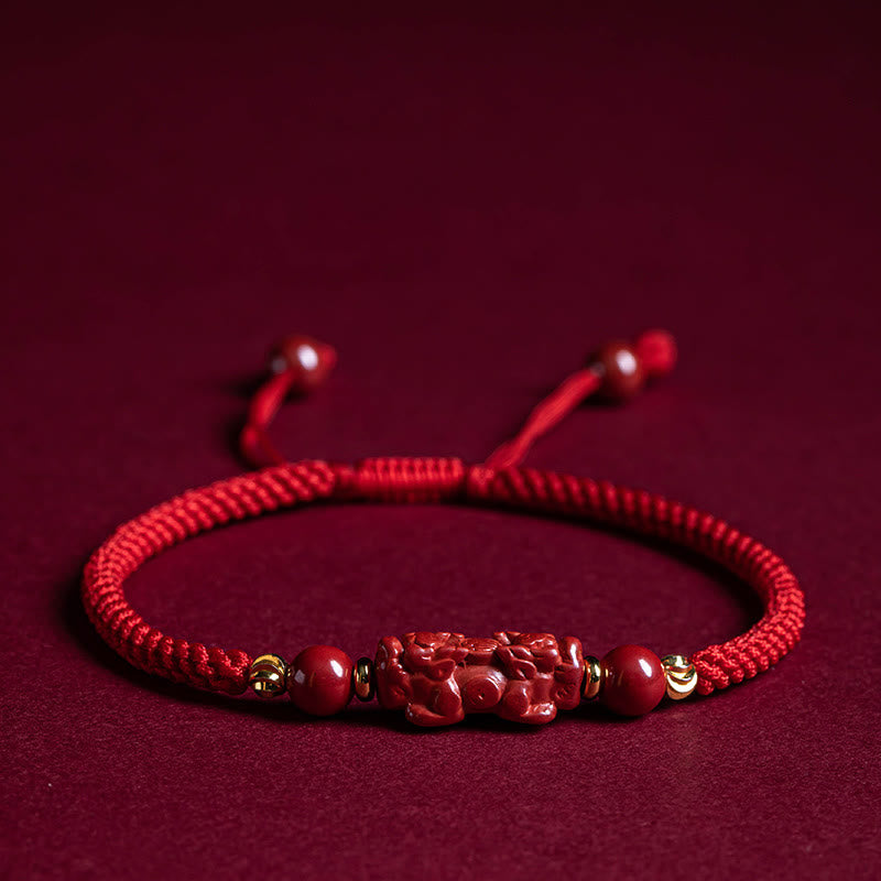 Pulsera trenzada de hilo rojo con bendición de PiXiu y mango de ruyi de cinabrio hecha a mano con Buddha Stones