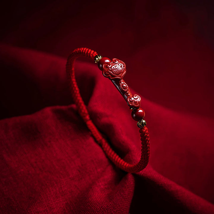 Pulsera trenzada de hilo rojo con bendición de PiXiu y mango de ruyi de cinabrio hecha a mano con Buddha Stones