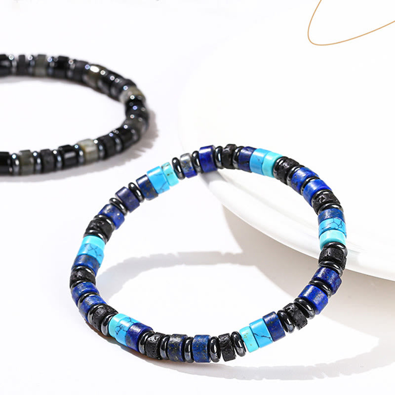 Pulsera de soporte con Buddha Stones, hematita, turquesa, lazurita, roca de lava y piedra negra brillante