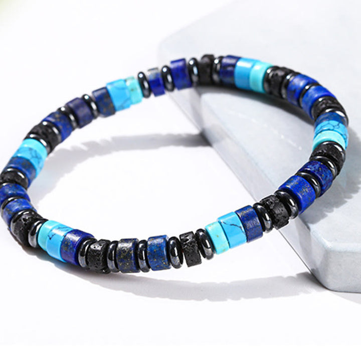 Pulsera de soporte con Buddha Stones, hematita, turquesa, lazurita, roca de lava y piedra negra brillante