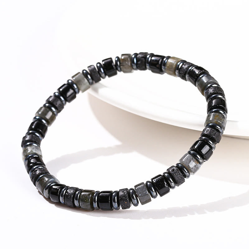 Pulsera de soporte con Buddha Stones, hematita, turquesa, lazurita, roca de lava y piedra negra brillante