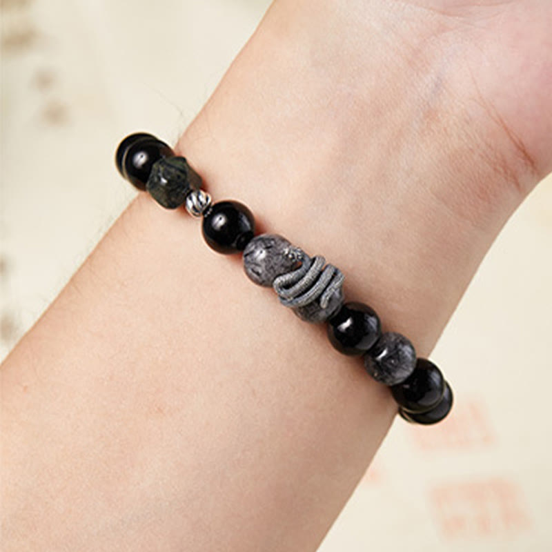 Pulsera de purificación del año de la serpiente en plata de ley 925 con obsidiana negra y cuarzo rutilado negro y Buddha Stones