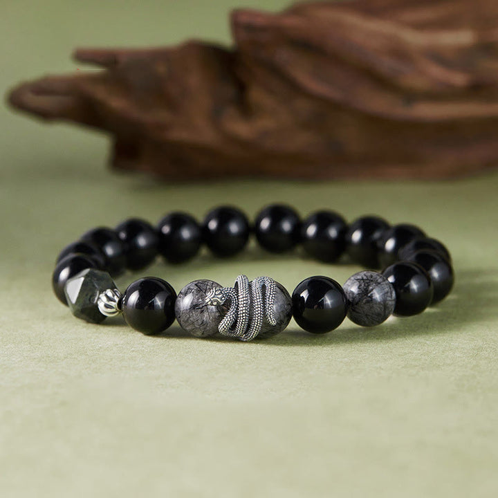 Pulsera de purificación del año de la serpiente en plata de ley 925 con obsidiana negra y cuarzo rutilado negro y Buddha Stones