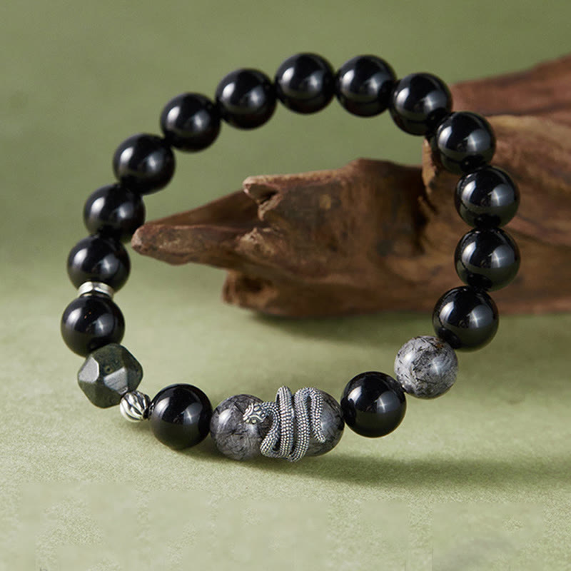 Pulsera de purificación del año de la serpiente en plata de ley 925 con obsidiana negra y cuarzo rutilado negro y Buddha Stones