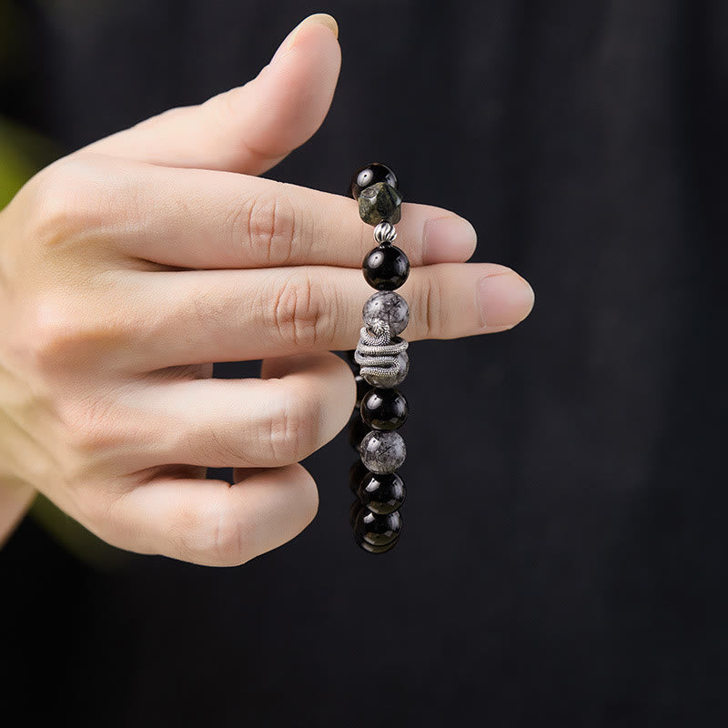 Pulsera de purificación del año de la serpiente en plata de ley 925 con obsidiana negra y cuarzo rutilado negro y Buddha Stones