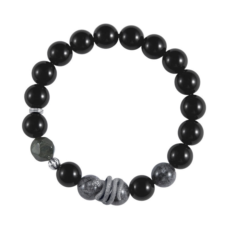 Pulsera de purificación del año de la serpiente en plata de ley 925 con obsidiana negra y cuarzo rutilado negro y Buddha Stones