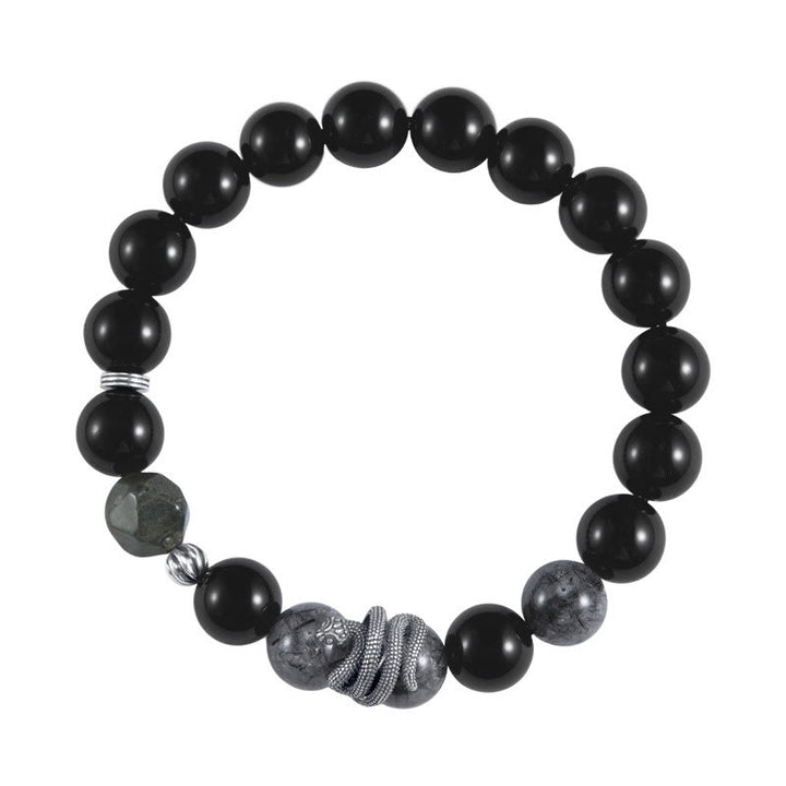Pulsera de purificación del año de la serpiente en plata de ley 925 con obsidiana negra y cuarzo rutilado negro y Buddha Stones