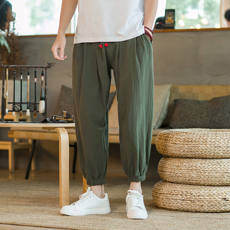 Pantalones de lino con cordón ajustable en color rojo liso y bolsillos para hombre con Buddha Stones - Verde - US/UK/AU46, EU56 (5XL)  - image 0