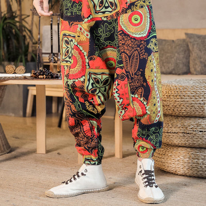 Pantalones harén de algodón con estampado de hojas informales en oro rojo y Buddha Stones para hombre con bolsillos - image 5