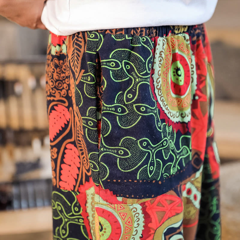 Pantalones harén de algodón con estampado de hojas informales en oro rojo y Buddha Stones para hombre con bolsillos - image 8