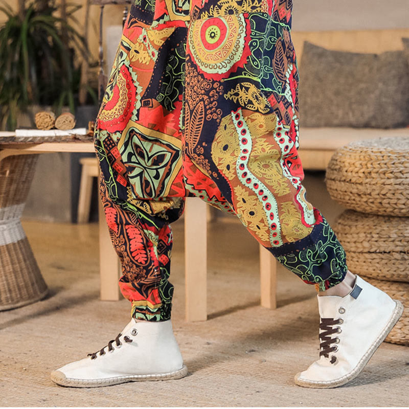 Pantalones harén de algodón con estampado de hojas informales en oro rojo y Buddha Stones para hombre con bolsillos - image 4