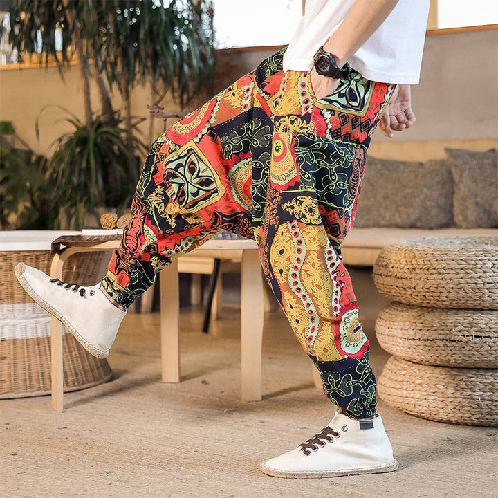 Pantalones harén de algodón con estampado de hojas informales en oro rojo y Buddha Stones para hombre con bolsillos - image 1