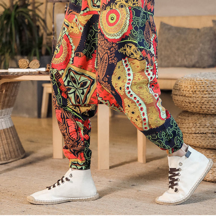 Pantalones harén de algodón con estampado de hojas informales en oro rojo y Buddha Stones para hombre con bolsillos - image 4