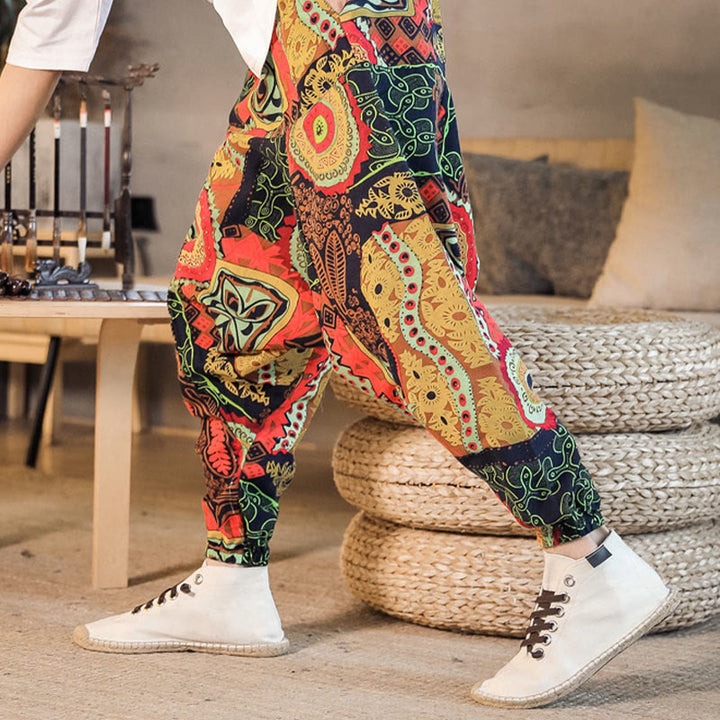 Pantalones harén de algodón con estampado de hojas informales en oro rojo y Buddha Stones para hombre con bolsillos - image 2