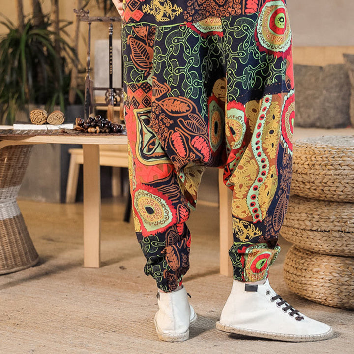 Pantalones harén de algodón con estampado de hojas informales en oro rojo y Buddha Stones para hombre con bolsillos - image 3