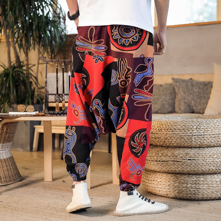 Pantalones harén de algodón con estampado de flores y cuadrícula de Buddha Stones para hombre con bolsillos - image 7