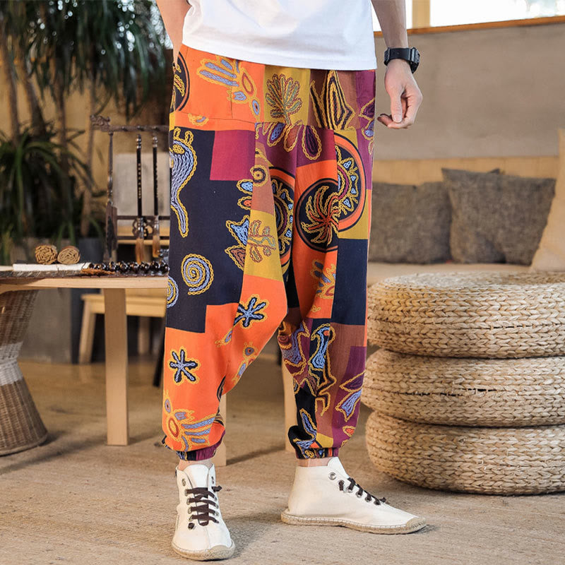 Pantalones harén de algodón con estampado de flores y cuadrícula de Buddha Stones para hombre con bolsillos - image 12