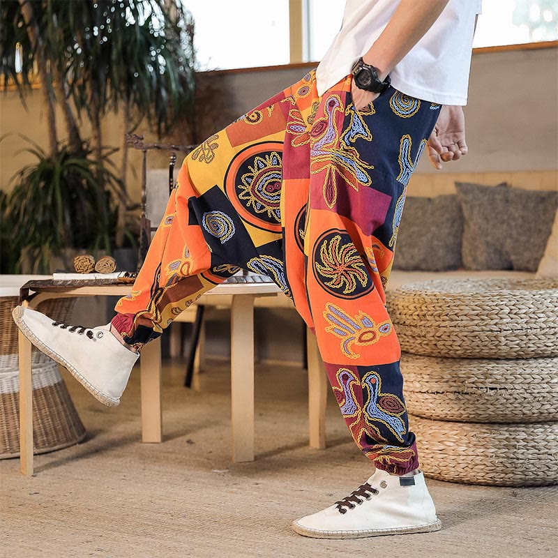 Pantalones harén de algodón con estampado de flores y cuadrícula de Buddha Stones para hombre con bolsillos - image 15