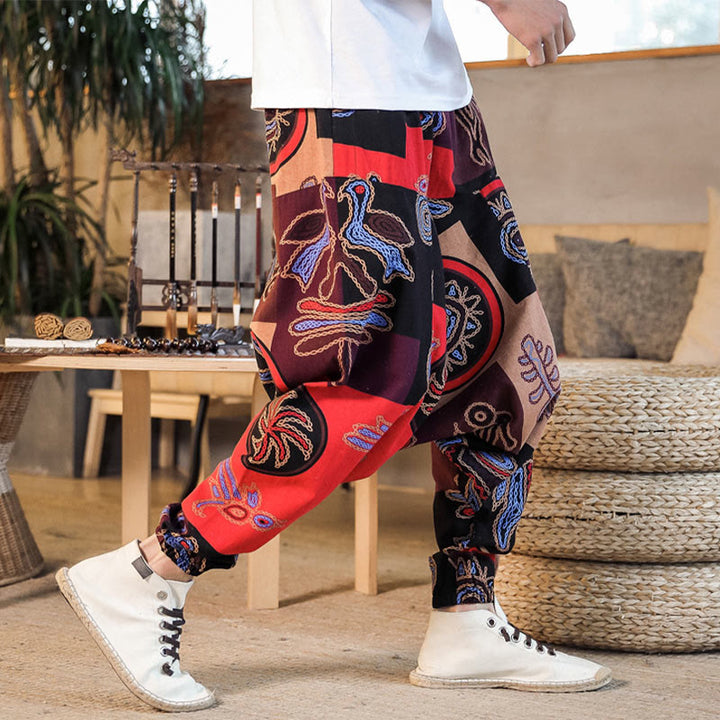Pantalones harén de algodón con estampado de flores y cuadrícula de Buddha Stones para hombre con bolsillos - image 6